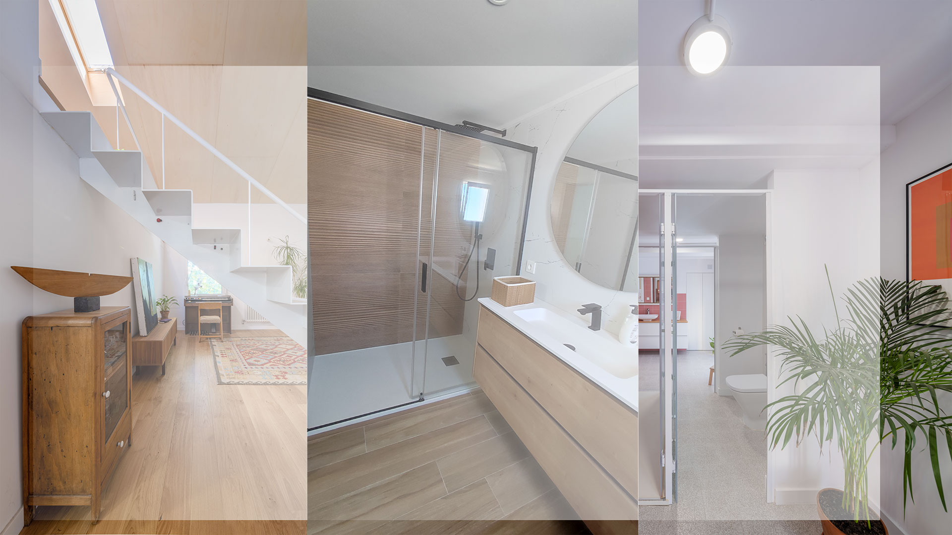 Composición de diferentes proyectos de Cealco: escaleras, interior de un baño, habitación con plantas y cuadro.